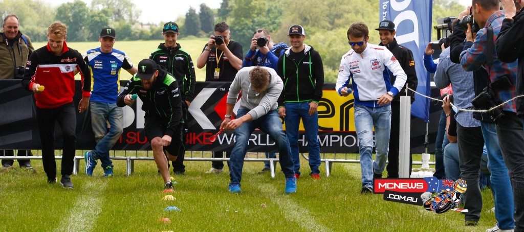 The WorldSBK riders took part in a traditional British egg and spoon race during the pre event festivities