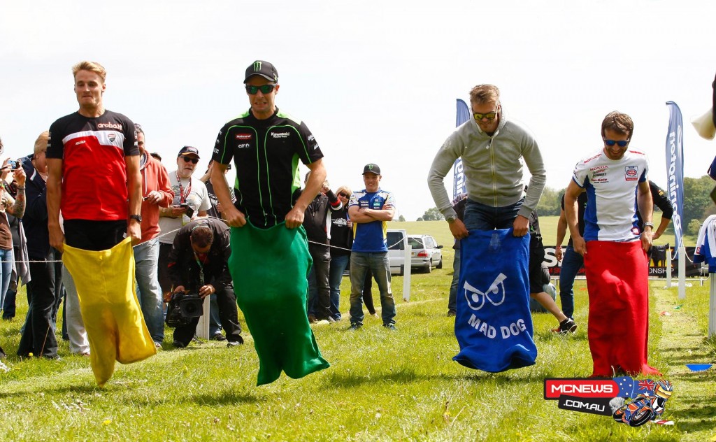 The WorldSBK riders took part in a traditional British sack race during the pre event festivities