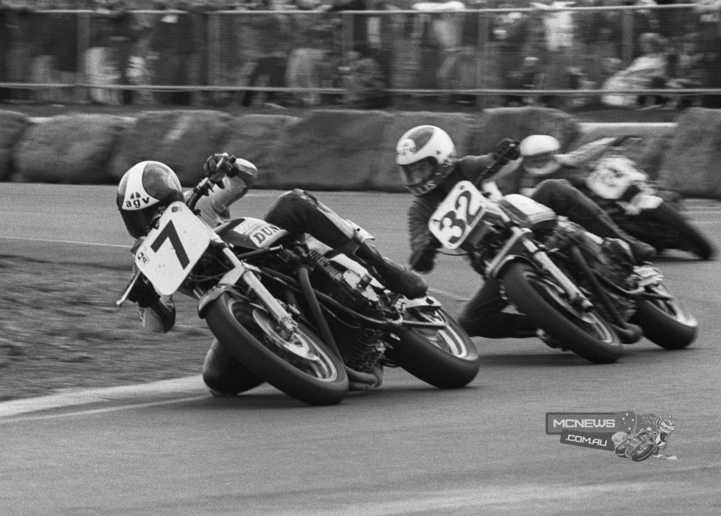 Superbike action from 1980 with Andrew Johnson on the Syndicate Kawasaki leading Rob Phillis’ Suzuki (Image: Rob Lewis)