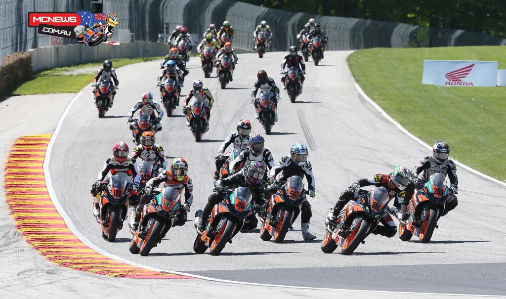 Gage McAllister (25) won the first-ever MotoAmerica KTM RC 390 Cup race at Road America on Saturday.