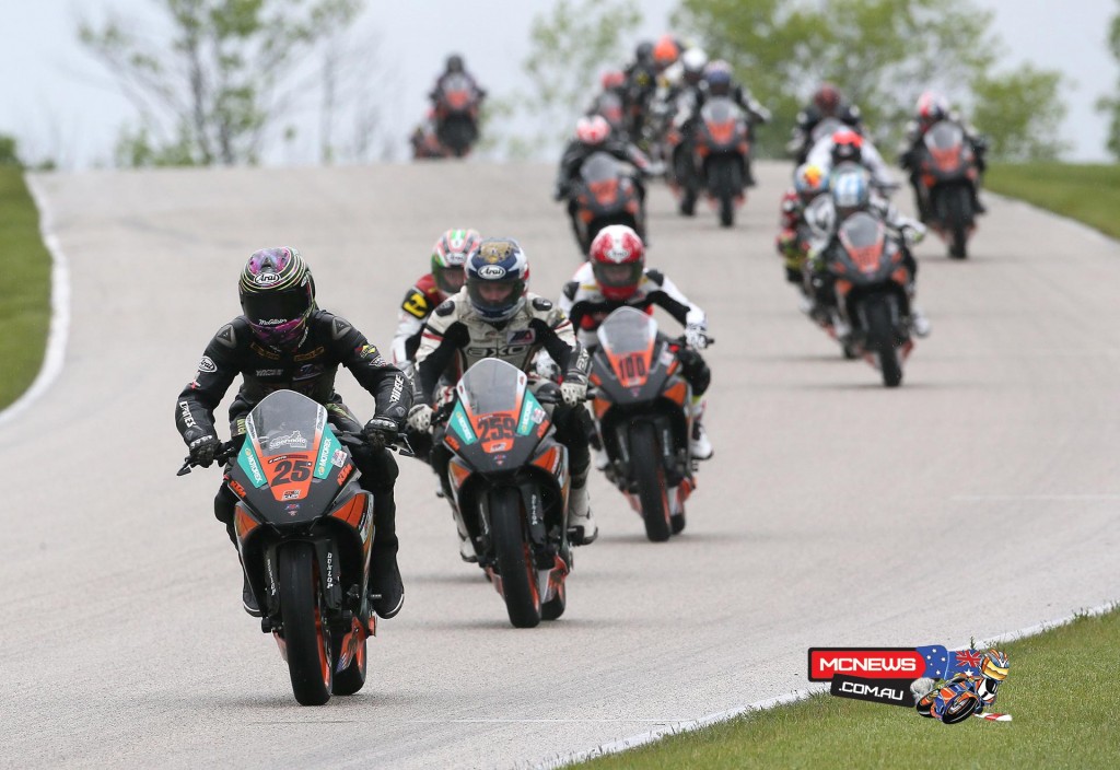 The KTM RC 390 Cup race was a thriller that was eventually won by Gage McAllister (25). (Below) Jake Gagne won the Superstock 1000 race. Photography by Brian J. Nelson.