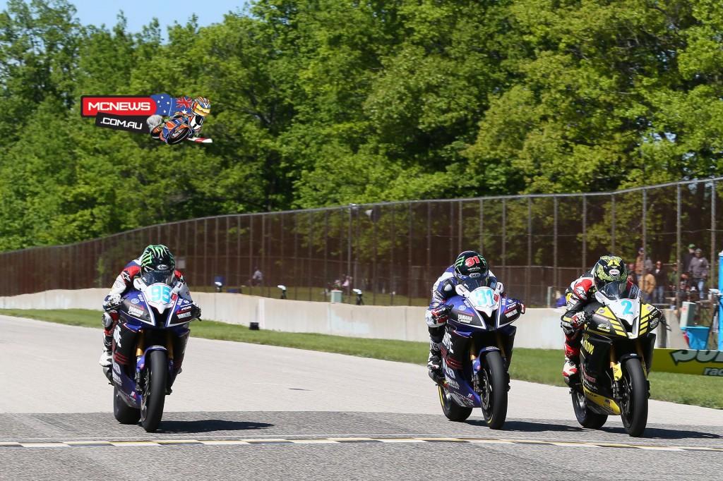 How close is close? JD Beach (95) beat Josh Herrin (2) and Garrett Gerloff (31) to the line in the Supersport final at Road America.