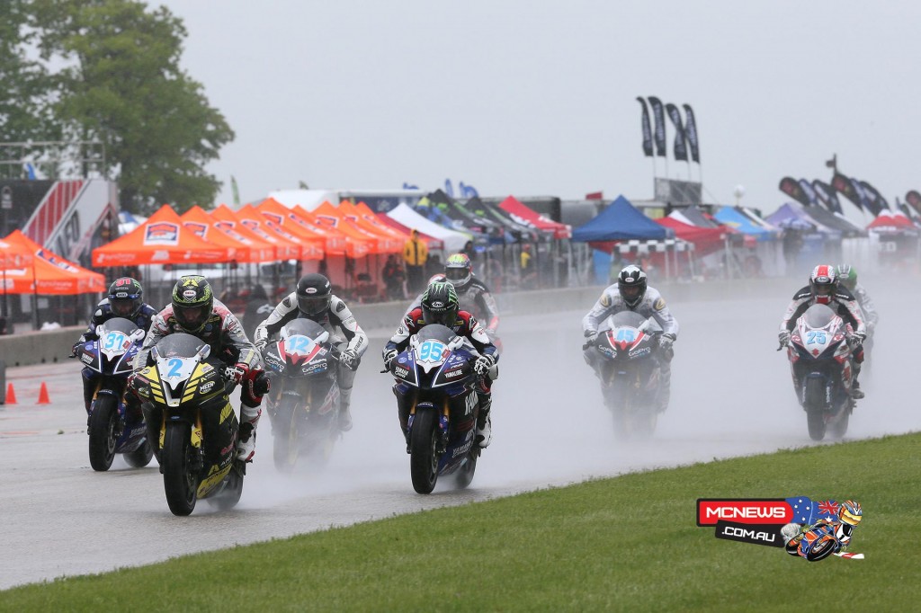 Eventual winner Josh Herrin (2) leads JD Beach (95), Garrett Gerloff (31) and the rest of the Supersport pack off the start at Road America on Saturday. Photography by Brian J. Nelson.