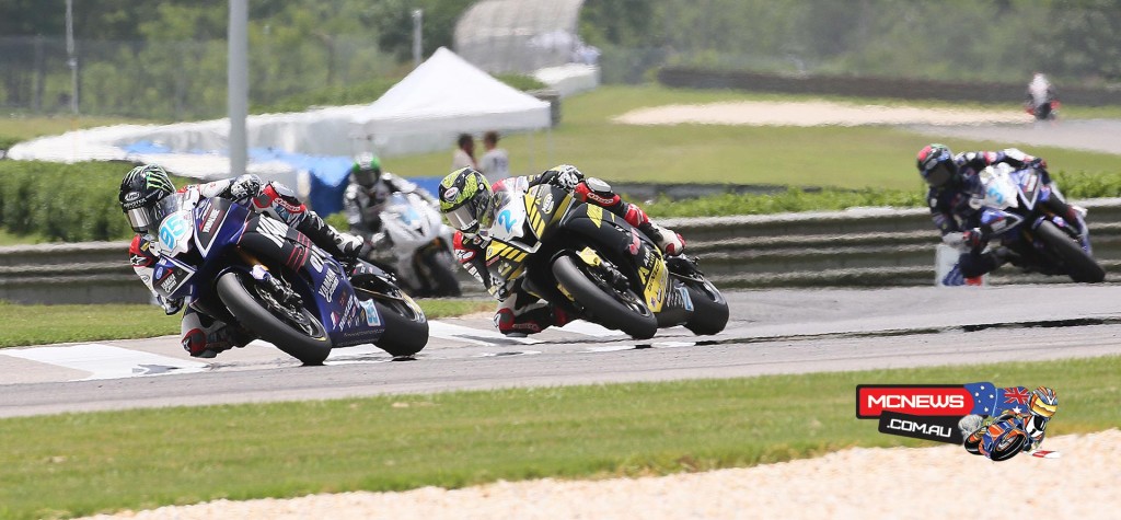 JD Beach (95) leads Josh Herrin (2) and Garrett Gerloff (31) in their battle for victory in Saturday's Supersport final at Barber Motorsports Park. Photo By Brian J. Nelson.