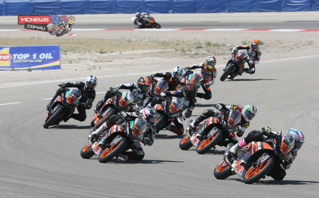 Braedan Ortt (551) won the KTM RC 390 Cup race after a frantic battle with a host of others, including Hayden Schultz (259) and Anthony Mazziotto III (516). Photography By Brian J. Nelson.