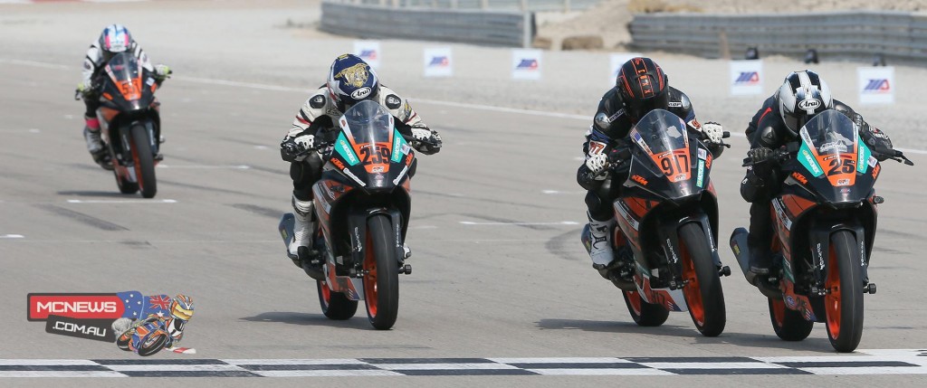 Cage McAllister (25) beat Justin McWilliams (917) to the line by .048 of a second to win the KTM RC 390 Cup final on Saturday at Miller Motorsports Park. Hayden Schultz (259) was third. Photography By Brian J. Nelson.