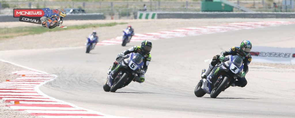 Josh Hayes (1) beat his teammate Cameron Beaubier (6) in both races to sweep the MotoAmerica Superbike doubleheader at Miller Motorsports Park on Sunday. Photography by Brian J. Nelson.