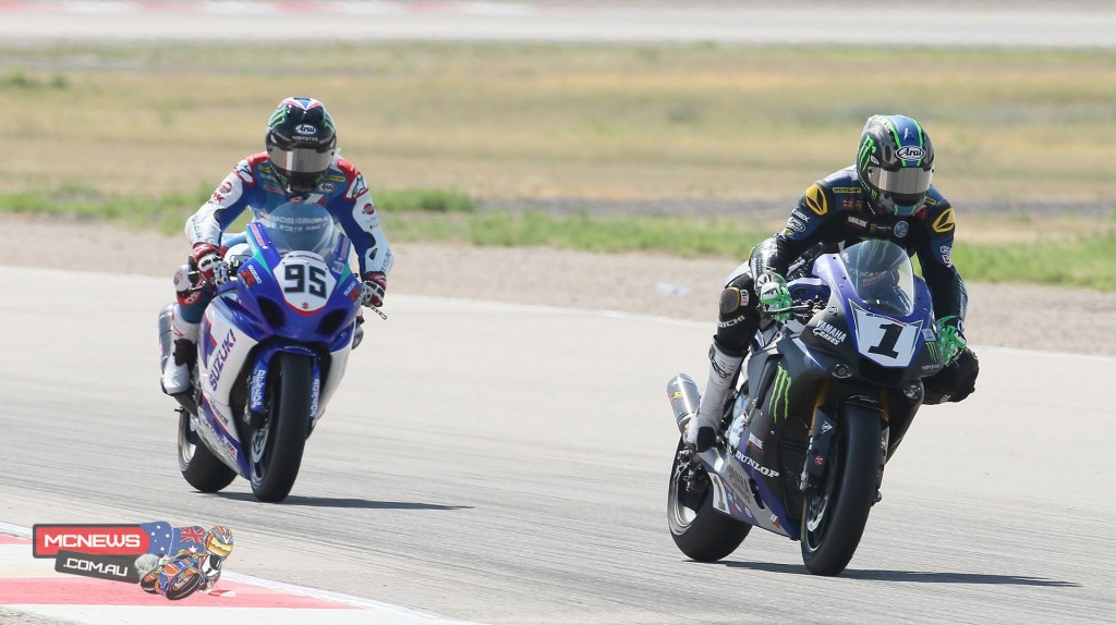 Josh Hayes (1) leads Roger Hayden (95) during their battle in the second Superbike race on Sunday. Hayes won with Hayden slipping back to third with a mechanical problem. Photography by Brian J. Nelson.