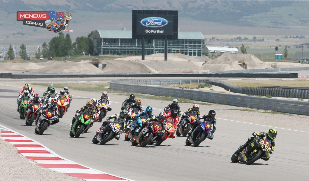 Joe Roberts (27) beat Michael Gilbert (551) and Bryce Prince (74) to win the Superstock 600 final at Miller Motorsports Park.