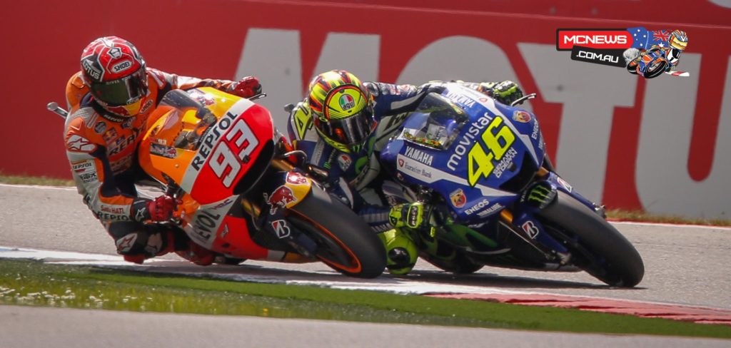 Marquez made a brave move on Rossi as the duo entered the final chicane on the last lap.