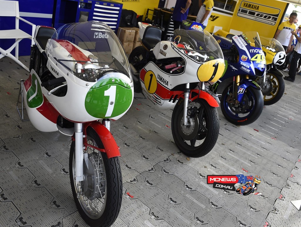 Rossi‘s yellow bike was in good company at the Yamaha exhibition; other iconic show bikes on display were Phil Read‘s 1965 RD56, Giacomo Agostini‘s 1975 YZR500 OW23 and Kenny Roberts‘s 1978 YZR750 OW31.