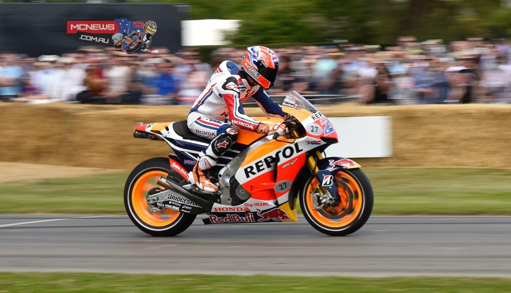 Casey Stoner rode the famous Goodwood 1.16-mile hill climb aboard a Repsol Honda MotoGP machine at the 2015 Goodwood Festival of Speed