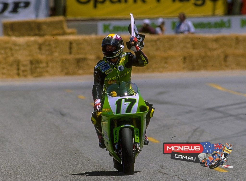 Anthony Gobert (AUS) on the cool-down lap after his race one victory at Laguna Seca (1995)