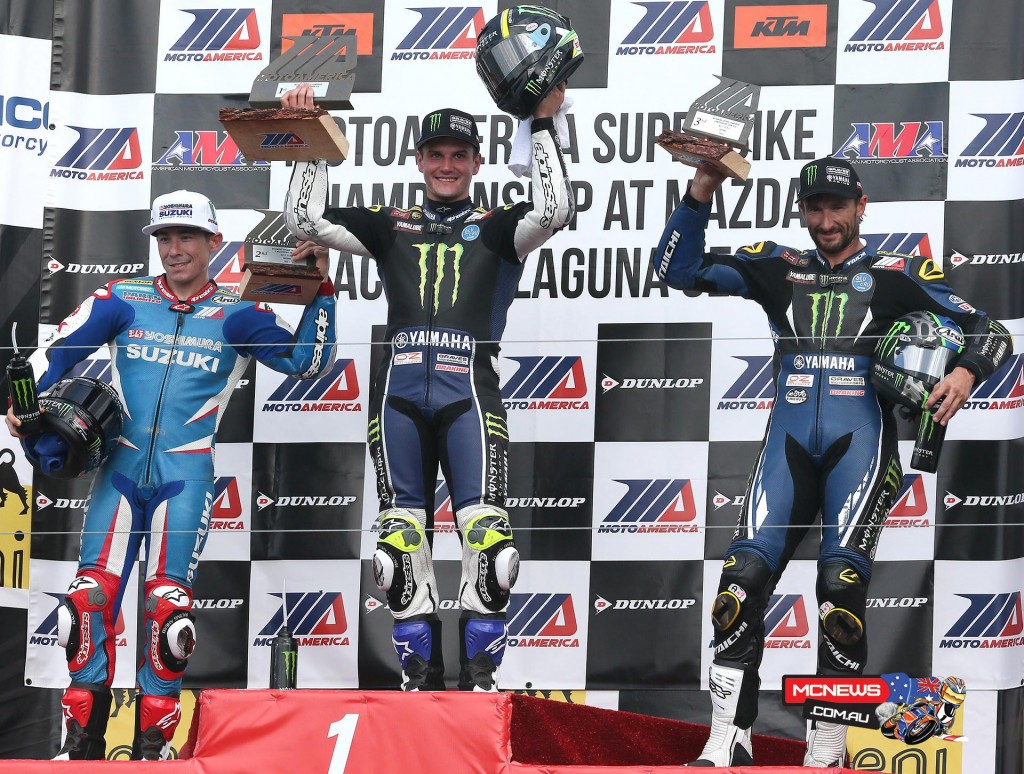 Roger Hayden, Cameron Beaubier and Josh Hayes celebrate after the second Superbike race on Sunday. Photography By Brian J. Nelson. 