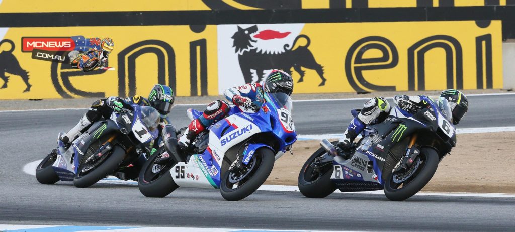 Cameron Beaubier (6) beat Roger Hayden (95) and Josh Hayes (1) to the line in race two of MotoAmerica Superbike action at Mazda Raceway Laguna Seca on Sunday. Photography by Brian J. Nelson.