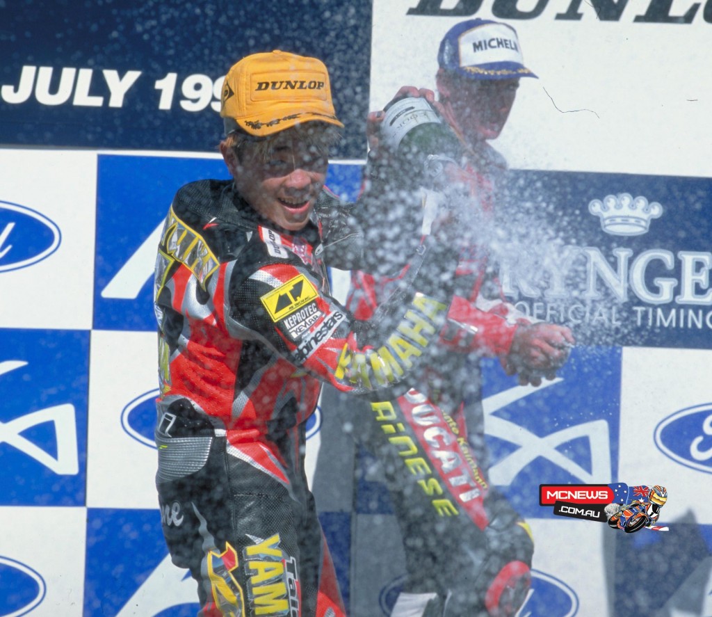 Noriyuki Haga (JPN) celebrating his Race 2 victory (1998) Laguna Seca
