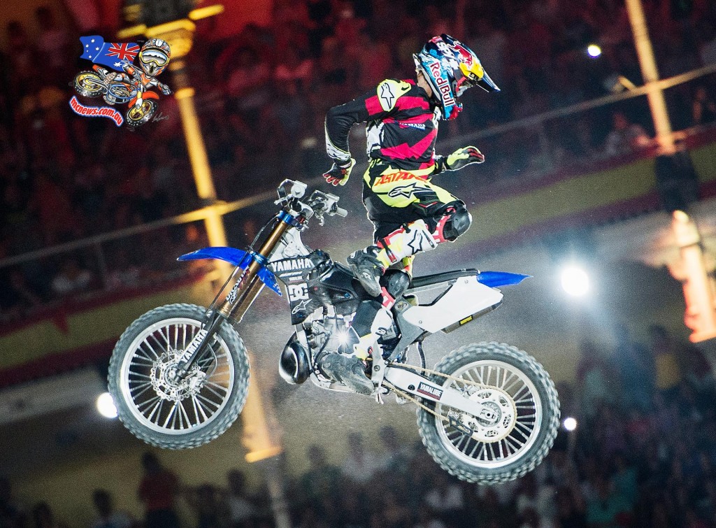 Tom Pagès of France performs during the finals of the third stage of the Red Bull X-Fighters World Tour at the Plaza de Toros de Las Ventas in Madrid, Spain on July 10, 2015.