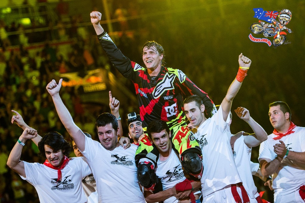 Tom Pagès of France celebrates his victory during the finals of the third stage of the Red Bull X-Fighters World Tour at the Plaza de Toros de Las Ventas in Madrid, Spain on July 10, 2015.
