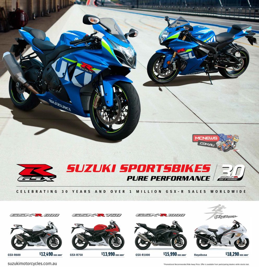 This year marks 30 years of performance for the iconic Suzuki GSX-R sportsbike. To celebrate this milestone Suzuki is offering special ride away prices on its entire GSX-R line-up and Hayabusa*