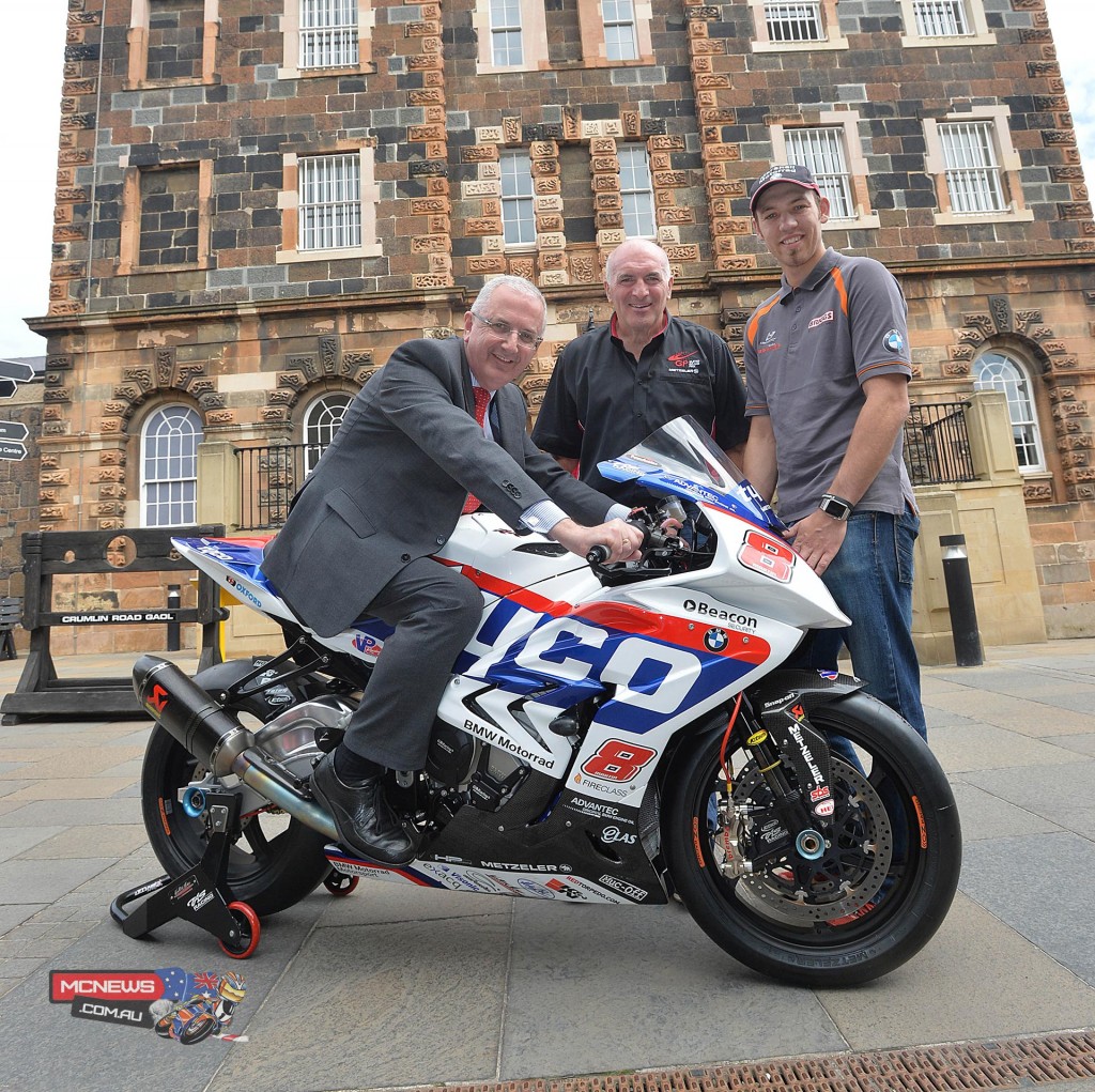 Ulster Grand Prix 2015 - Pictured is Regional Development Minister Danny Kennedy with Noel Johnston, Clerk of the Course at the Metzeler Ulster Grand Prix and racer Peter Hickman.