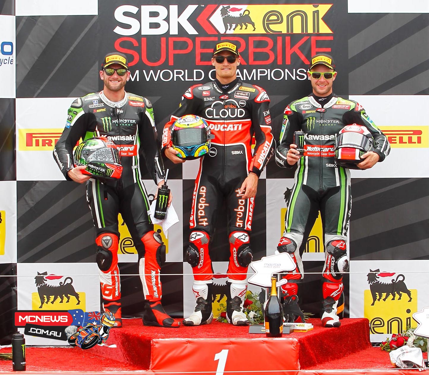 World SBK 2015 - Laguna Seca - Superbike Podium - 2. Tom Sykes (GBR) 1 - Chaz Davies (GBR) 3 - Jonathan Rea (GBR)