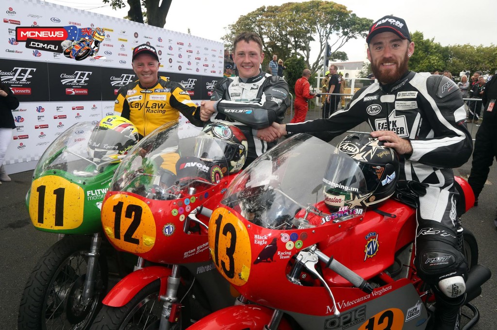 The top three from the Bennetts 500cc Classic TT Race - Ian Lougher, Dean Harrison (winner) and Lee Johnston