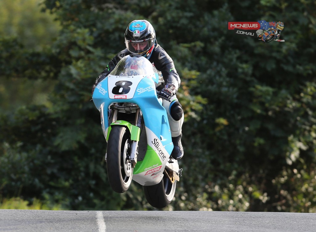 Russ Mountford takes Ballaugh Bridge at the gallop as he hustles his Kawasaki through the second practice session of Classic TT 2015
