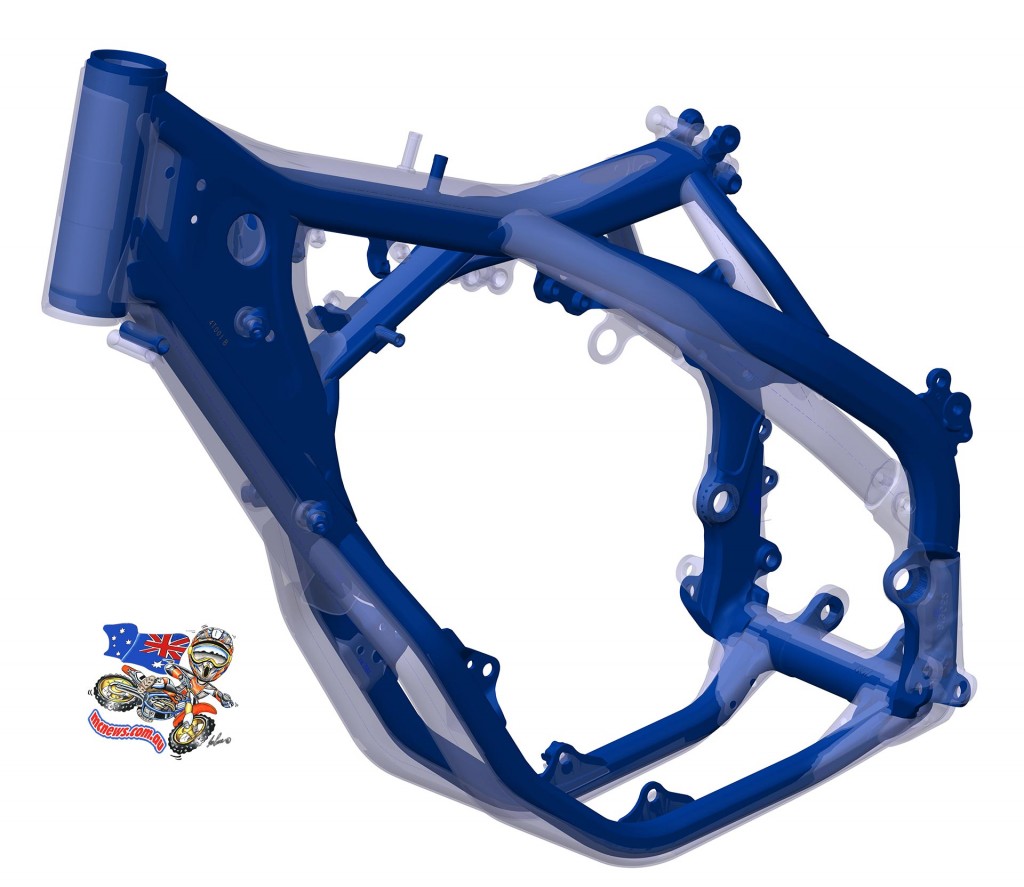 Rethinking torsional rigidity and longitudinal stiffness, the hydro-formed, laser-cut and robot welded chromium molybdenum steel frame is lighter and more compact to offer better handling and feeling than its predecessor. 2016 frame is shown in blue comapred to shaded 2015 frame