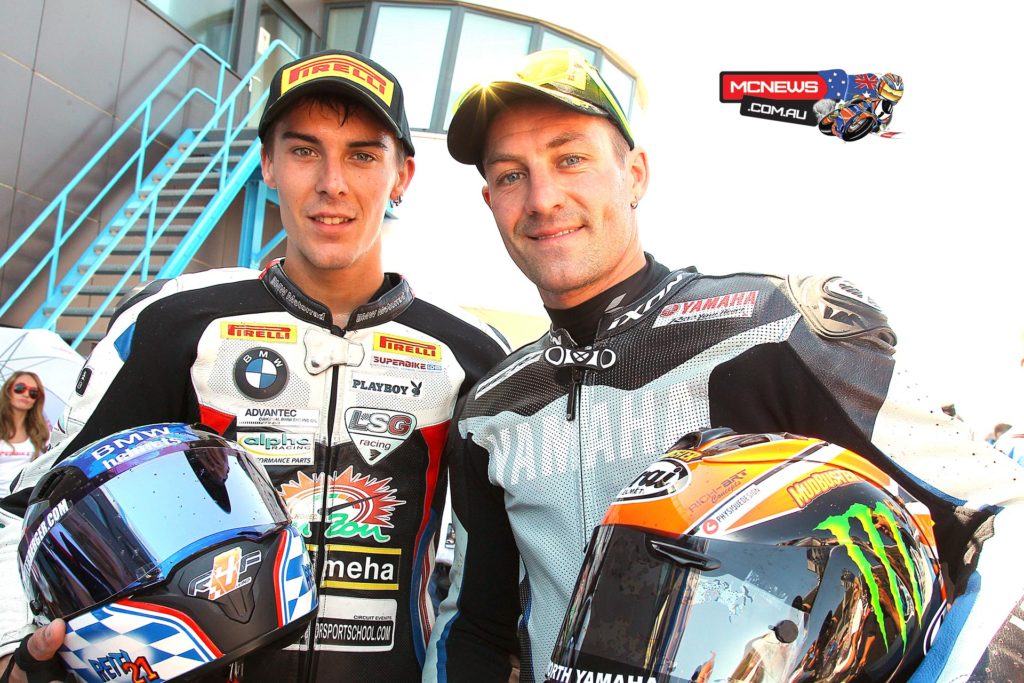 Newly crowned 2015 IDM German Superbike Champion Markus Reiterberger (BMW) and Josh Brookes (Yamaha)