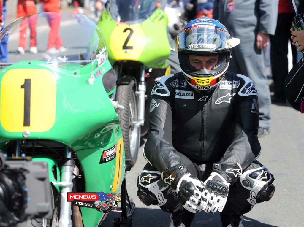 John McGuinness just before starting the 500cc race at Classic TT 2014 on the Winfield Paton. Credit Stephen Davison Pacemaker Press Intl.