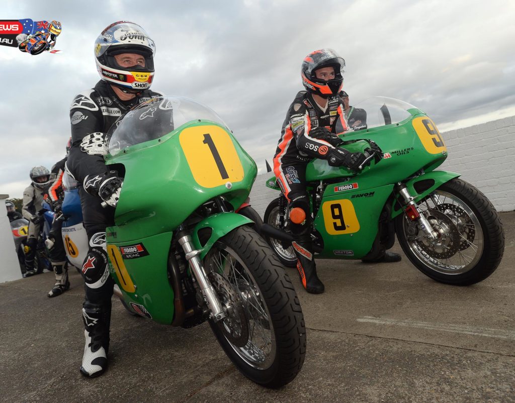 John McGuinness and Ryan Farquhar about to start a qualifying session at Classic TT 2014 on the Winfield Patons. Credit Stephen Davison Pacemaker Press Intl