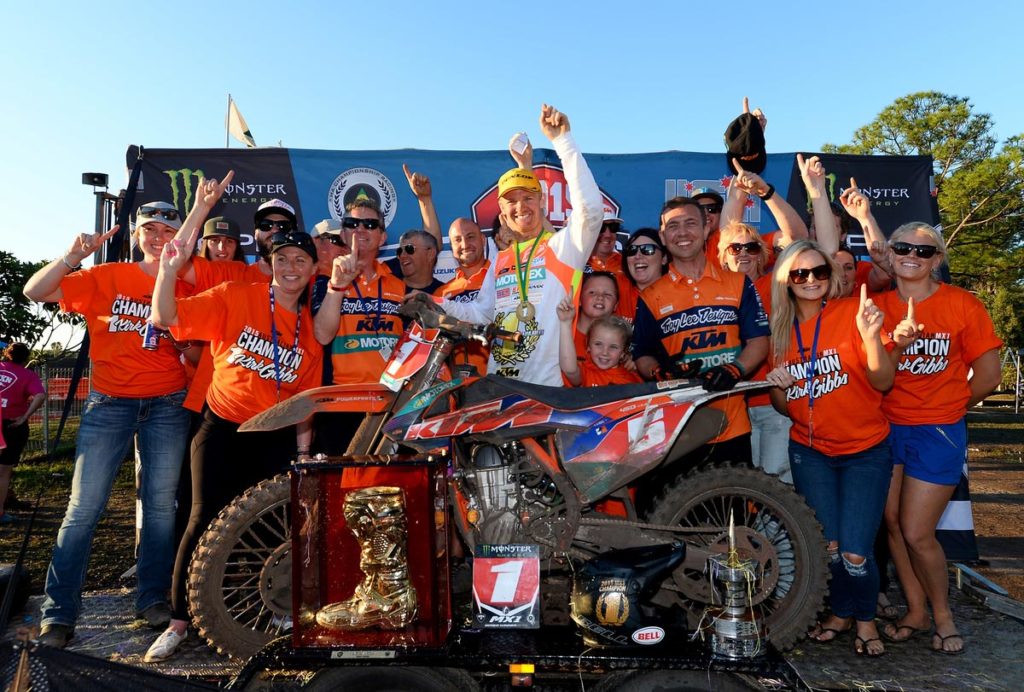 KTM Factory team rider Kirk Gibbs and his team and supporters enjoy the ecstacy of MX Nationals victory.