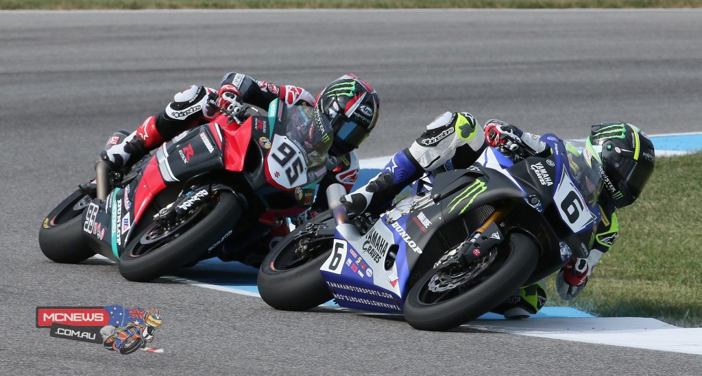 Cameron Beaubier (6) and Roger Hayden (95) battled for the duration in Saturday's MotoAmerica Superbike race at Indianapolis Motor Speedway. Photo by Brian J Nelson.