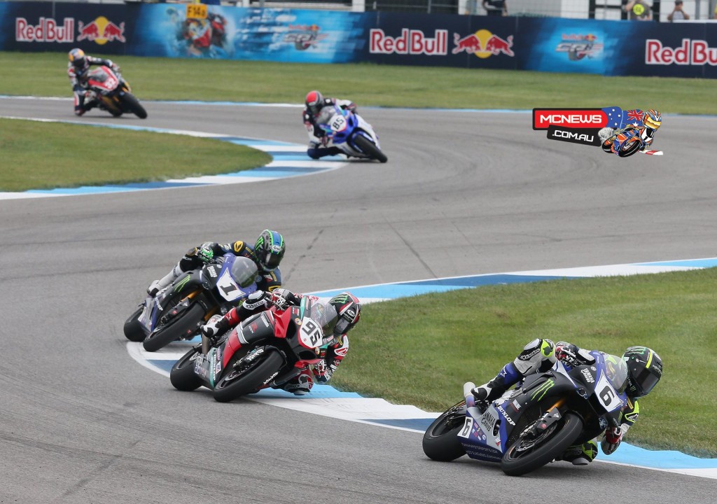 MotoAmerica - Indy Superbike - Cameron Beaubier (6) leads Roger Hayden (95) and Josh Hayes (1) in their race two battle at the Brickyard on Sunday. Photography by Brian J. Nelson.