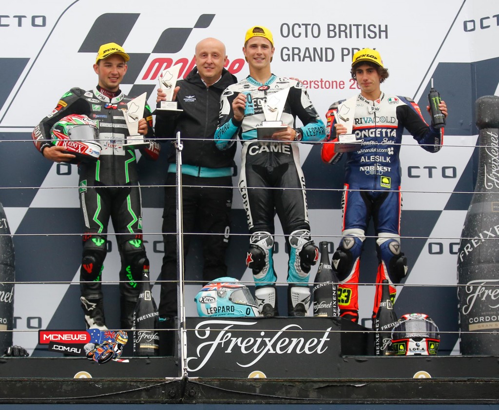 MotoGP 2015- Silverstone - Moto3 Podium - Danny Kent completely dominated proceedings in the wet at Silverstone to take his 6th win of the season ahead of Kornfeil and Antonelli.