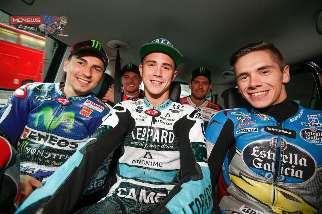 MotoGP riders share a ride in a London taxi