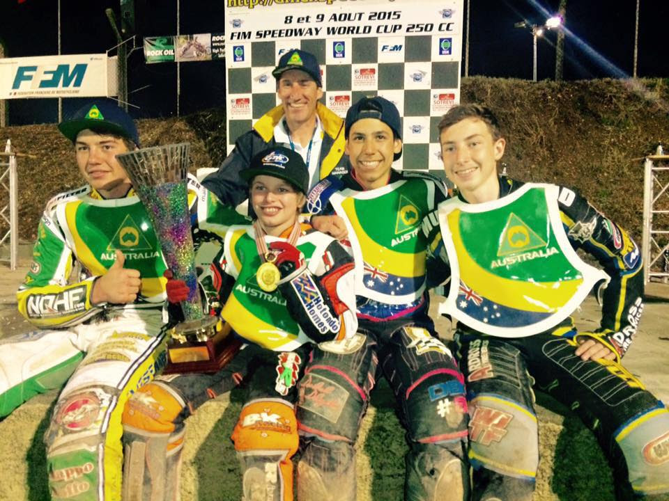 L-R- Brody Eves, Matthew Gilmore, Team Australia Manager Mark Lemon, Dakota Ballantyne and Matt Marson celebrate Gilmore's victory at the FIM 250cc Youth Speedway World Cup in Lampthe-Landerron, France last month (Credit: Dakota Ballantyne Racing/Facebook)
