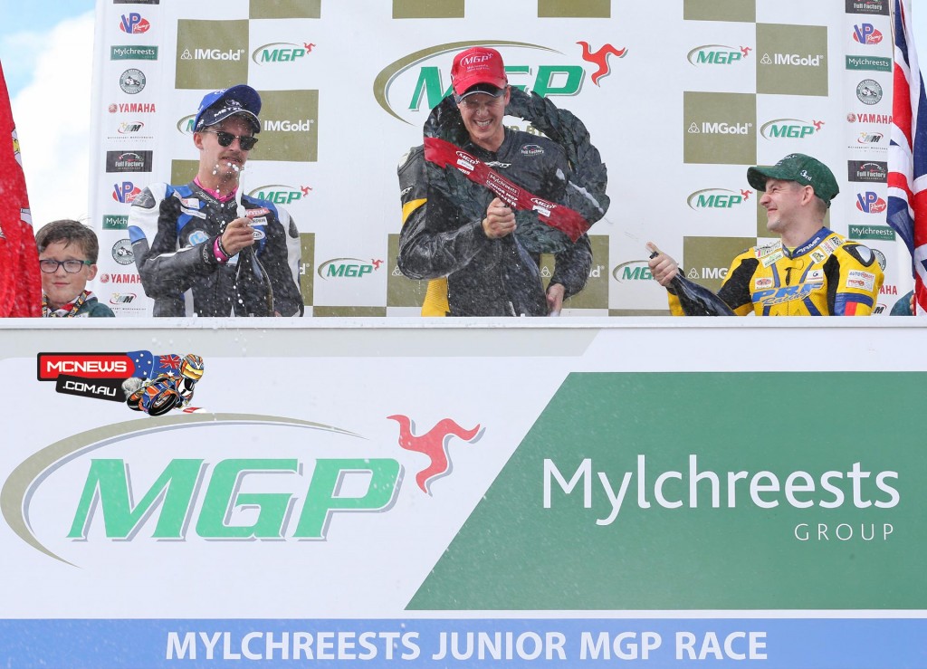 (L-R) Malachi Mitchell-Thomas, Billy Redmayne and Rob Hodson, the Mylchreests Group Junior Manx Grand Prix race podium.