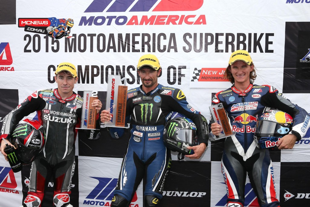 (From left to right) Roger Hayden, Josh Hayes and Jake Gagne qualified second, first and third for Sunday's two Superbike races at NJMP. Photography by Brian J. Nelson.