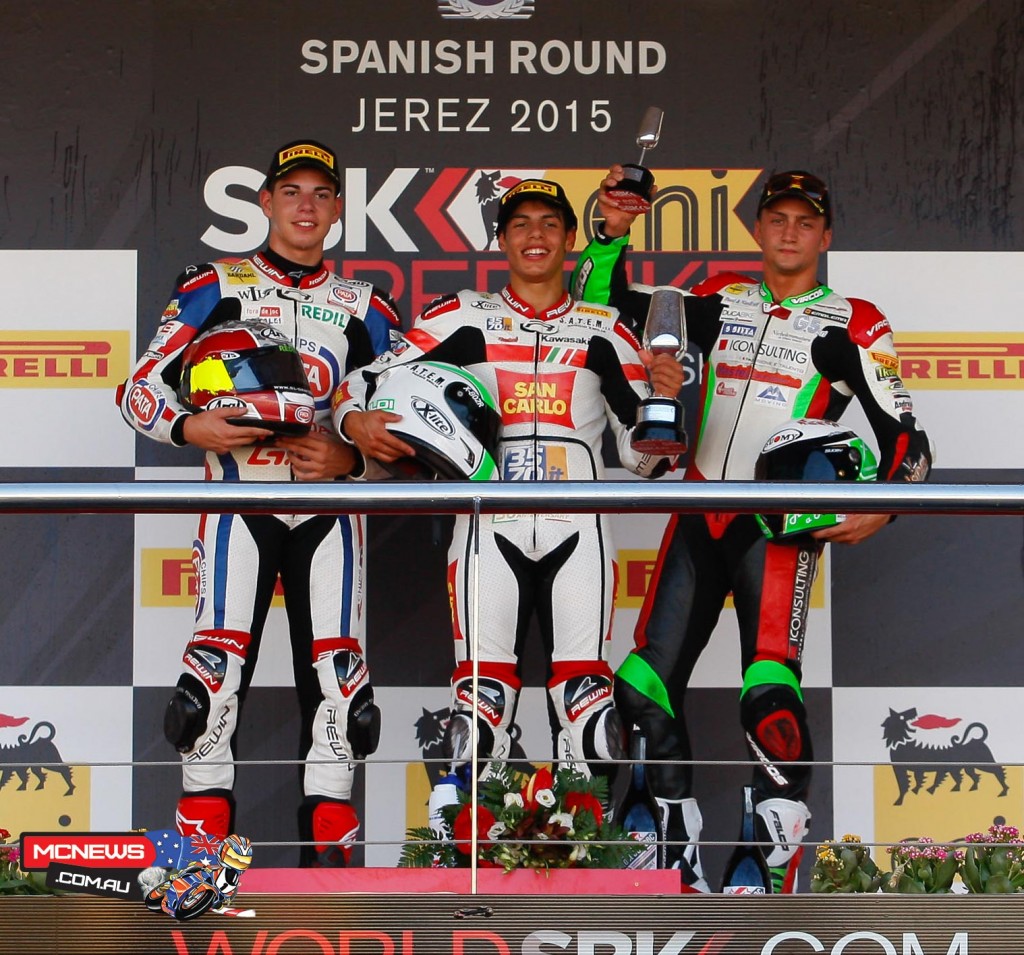 World Superbike 2015 - Jerez - Superstock 600 Race  - 2- Augusto Fernandez (SPA)   1- Michael Ruben Rinaldi (ITA)  3- Davide Stirpe (ITA)