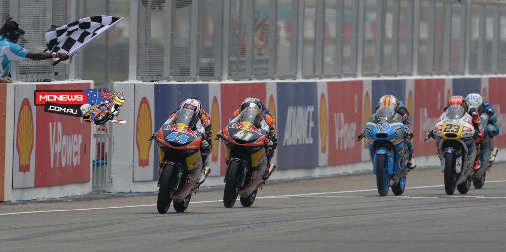 Miguel Oliveira takes his fifth win of the season in an incredibly dramatic Moto3 race as title rival Kent crosses the line in 7th.
