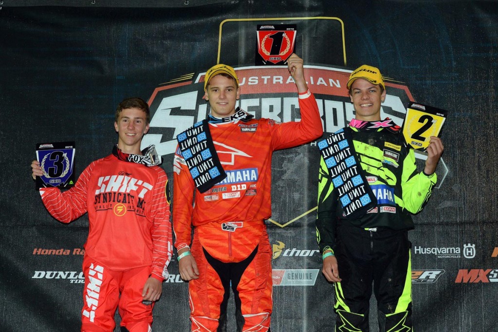 The round 1 podium with Evans and Hill taking a GYTR Yamaha 1-2