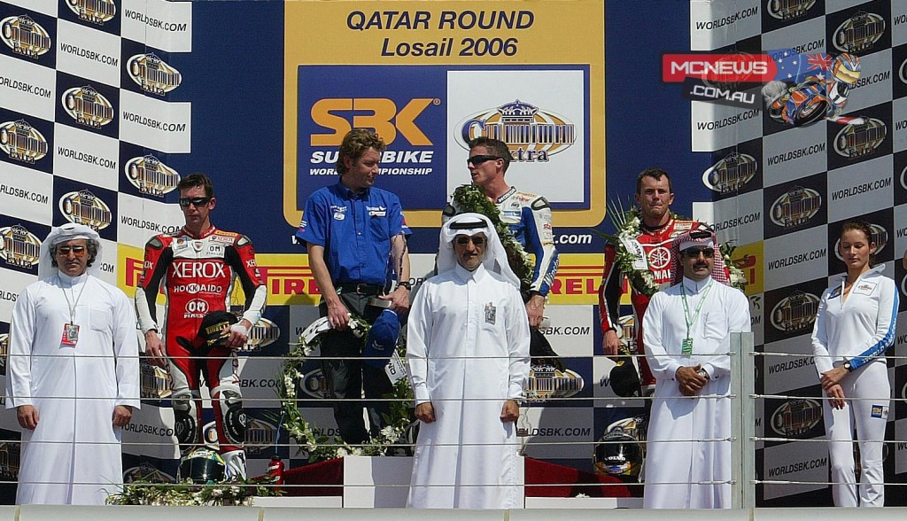 2006 World SBK Qatar Race 1 2- Troy Bayliss (AUS) 1- James Toseland (GBR) 3- Andrew Pitt (AUS)