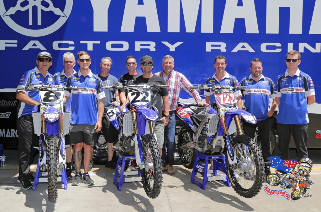 Chad Reed met the local CDR Yamaha team – which includes SX1 Australian Supercross Championship front runners Dan Reardon and Kade Mosig – he will race with at the AUS-X Open Supercross during a special visit to Yamaha Motor Australia’s Sydney headquarters yesterday. Photo: Courtesy Yamaha