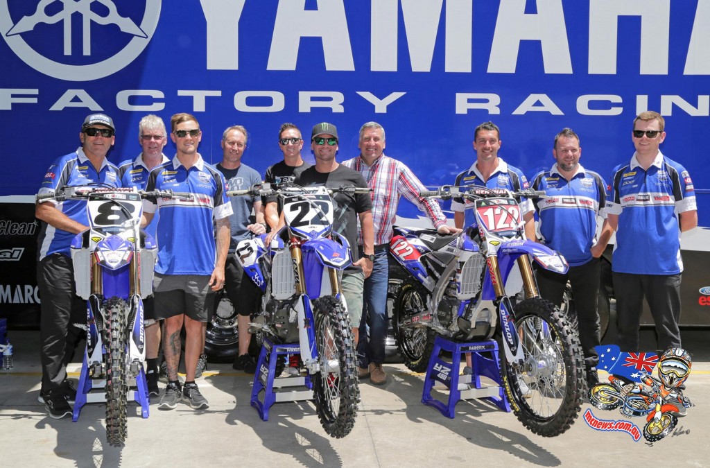 Chad Reed met the local CDR Yamaha team – which includes SX1 Australian Supercross Championship front runners Dan Reardon and Kade Mosig –  he will race with at the AUS-X Open Supercross during a special visit to Yamaha Motor Australia’s Sydney headquarters yesterday. Photo: Courtesy Yamaha