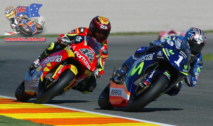 Dani Pedrosa on the way to the 250cc win at Valencia in 2005 ahead of Jorge Lorenzo
