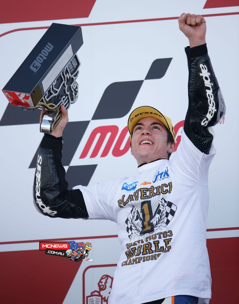Maverick Vinales celebrates winning the 2013 Moto3 Championship at Valencia MotoGP 2013