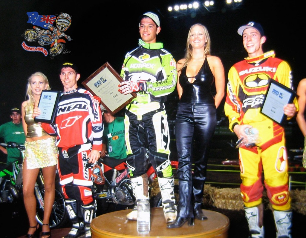 Flashback to 2001 and Chad Reed (centre) stands atop the podium with Travis Pastrana (right) and Cameron Taylor (left) after the Supercross Masters grand final at Homebush’s then named Sydney Superdome ... yes, 14 years ago! Reed has been winning for a long, long time. Photo: Clubby