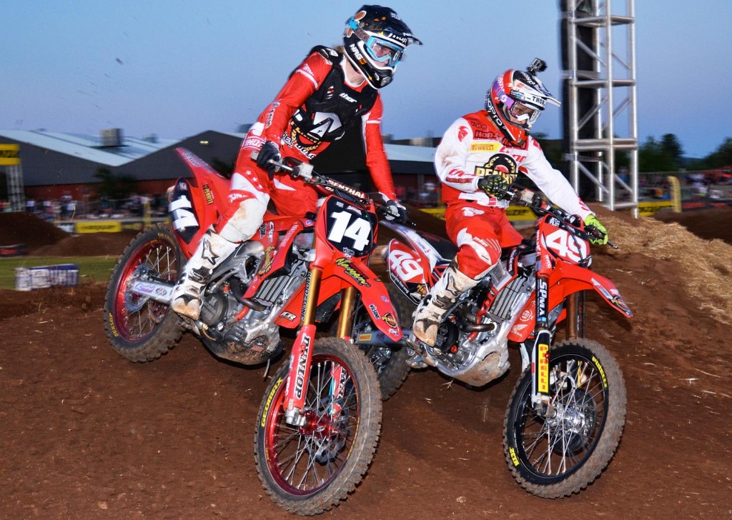 SX2 Australian Supercross Championship leader American Jimmy Decotis (49) battles it out with young Aussie Geran Stapleton (14), who is third in the series, with close racing like this sure to be repeated at the final round at Melbourne this weekend.