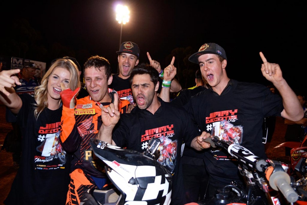 American ace Jimmy Decotis fought back from a first turn crash to clinch the SX2 class of the 2015 Penrite Oils Australian Supercross Championships presented by Ryco Filters for the Penrite Honda Racing team.